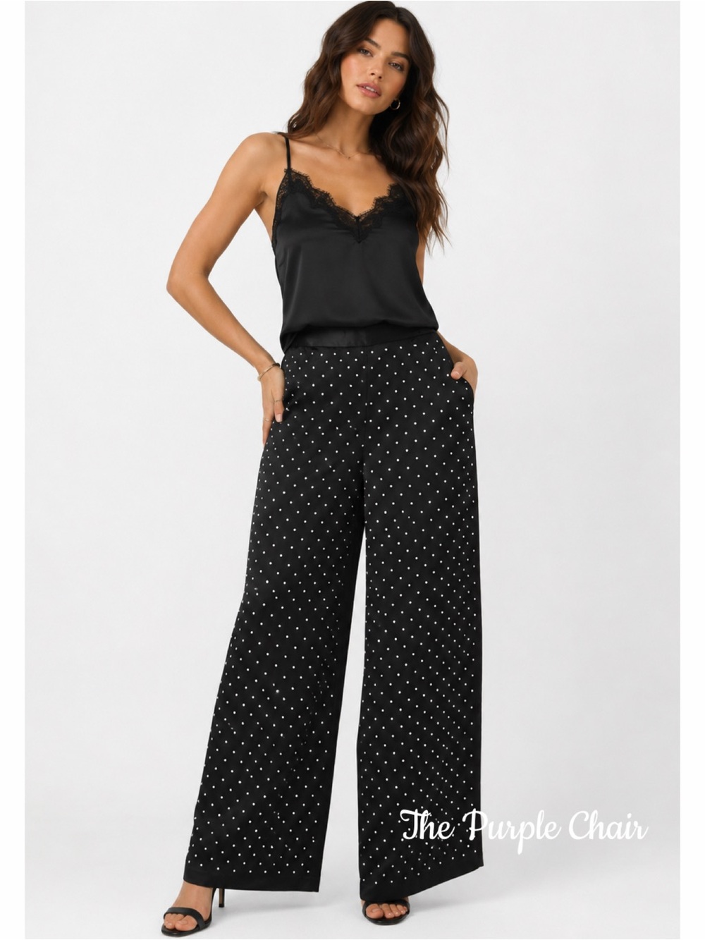 DANIELLE BERNSTEIN NWT Black Rhinestone Studded Wide Leg Pants 10
